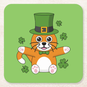 Schattige St. Patrick's Day kat met Shamrock Carto Kartonnen Onderzetters