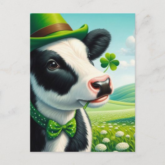 Schattige St. Patrick's Day Koe Shamrock in Mouth Briefkaart (Voorkant)