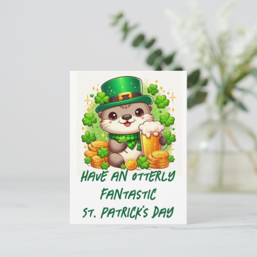 Schattige St. Patricks Day Otter met bier en goud Briefkaart (Staand voorkant)