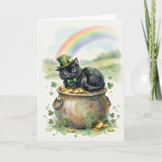 Schattige St. Patrick's Day Zwarte Kat Pot met Gou Kaart (Voorkant)