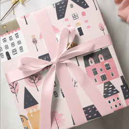 Schattige stad huizen roze cadeaupapier