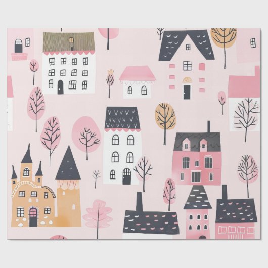 Schattige stad huizen roze cadeaupapier (Vlak)