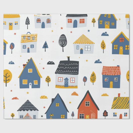 Schattige stadshuizen cadeaupapier (Vlak)
