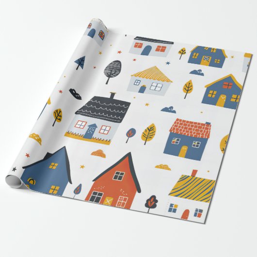 Schattige stadshuizen cadeaupapier (Uitgerold)