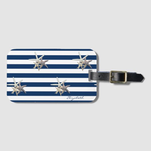 Schattige Starfish, marineblauw Stripes-gepersonal Bagagelabel (Voorkant (horizontaal))