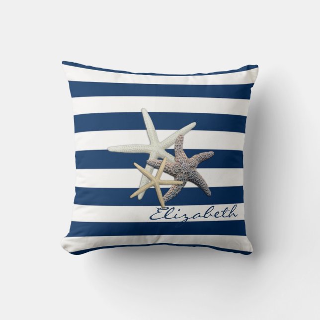 Schattige Starfish, marineblauw Stripes-gepersonal Kussen (Voorkant)