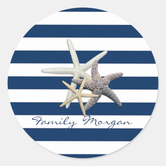 Schattige Starfish, marineblauw Stripes-gepersonal Ronde Sticker (Voorkant)