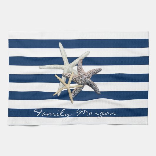 Schattige Starfish, marineblauw Stripes-gepersonal Theedoek (Horizontaal)