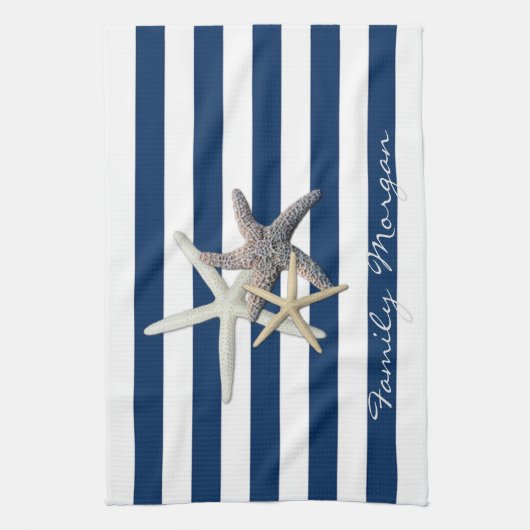 Schattige Starfish, marineblauw Stripes-gepersonal Theedoek (Verticaal)
