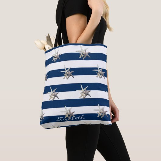 Schattige Starfish, marineblauw Stripes-gepersonal Tote Bag (Dichtbij)