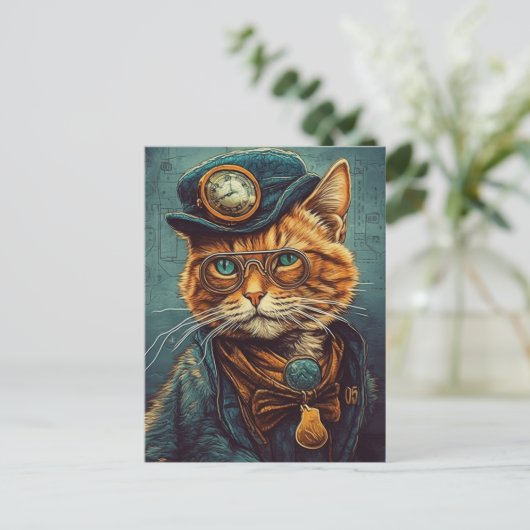 Schattige Steampunk Ginger Cat Briefkaart (Staand voorkant)