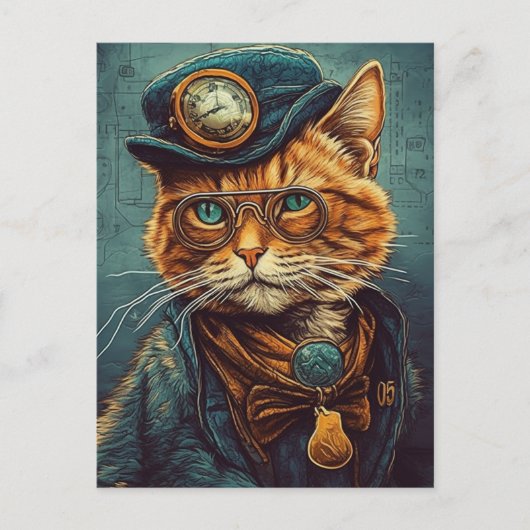 Schattige Steampunk Ginger Cat Briefkaart (Voorkant)