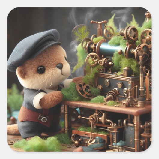 Schattige Steampunk Otter Werkt op Machinery Vierkante Sticker (Voorkant)