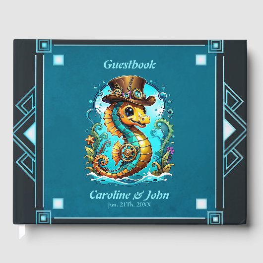 Schattige steampunk zeepaardje met een stijlvol pe gastenboek (Voorkant)