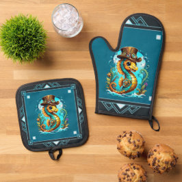 Schattige steampunk zeepaardje met een stijlvol pe ovenwant & pannenlap set