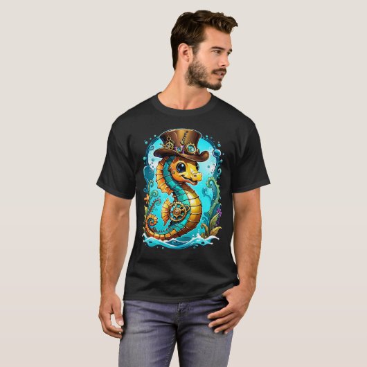 Schattige steampunk zeepaardje met een stijlvol pe t-shirt (Voorkant volledig)