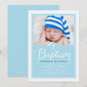 Schattige Stippen Doopuitnodiging - Blauw Kaart (Voorkant / Achterkant)