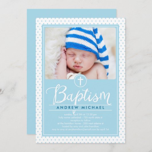 Schattige Stippen Doopuitnodiging - Blauw Kaart (Voorkant / Achterkant)