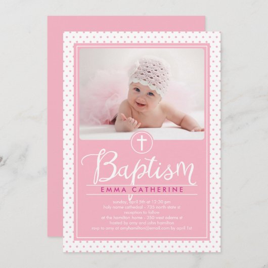 Schattige Stippen Doopuitnodiging - Roze Kaart (Voorkant / Achterkant)