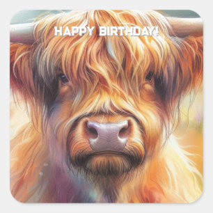 Schattige Stoere Ruige Hoogland Koe Verjaardag  Vierkante Sticker
