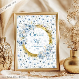 Schattige stoffig blauw waterverf bloemen goud op  poster
