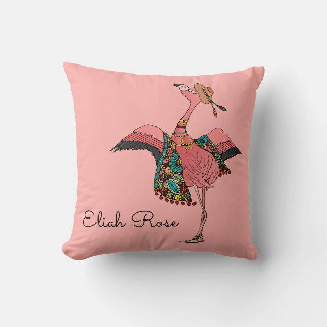 Schattige Stoffig Roos Roze Boheemse Flamingo & Na Kussen (Voorkant)