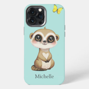 Schattige stokstaartje en vlinder op turquoise iPhone 13 pro max hoesje