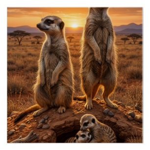 Schattige stokstaartjes in een woestijnlandschap W Perfect Poster