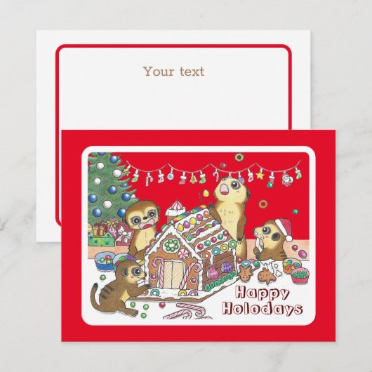 Schattige stokstaartjes rode platte kerstkaart (Voorkant / Achterkant)