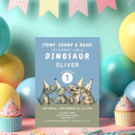 Schattige Stomp Chomp & Roar Dinosaur 1ste Verjaar Kaart