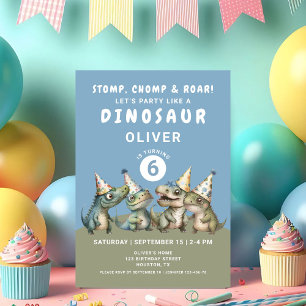 Schattige Stomp, Chomp & Roar Dinosaur 6de Verjaar Kaart