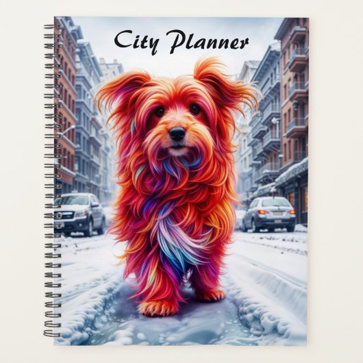 Schattige straathond in ijskoud winterstadsbeeld planner (Voorkant)