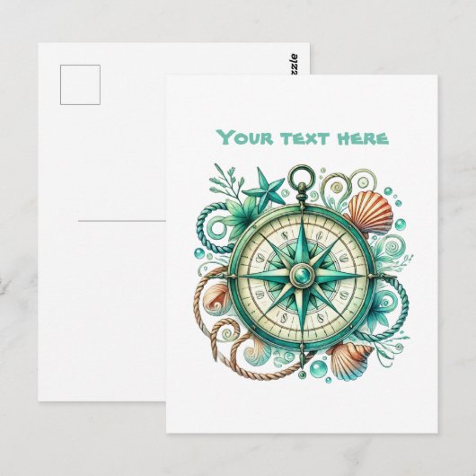 Schattige strand aanpasbaar nautisch kompas briefkaart (Voorkant / Achterkant)