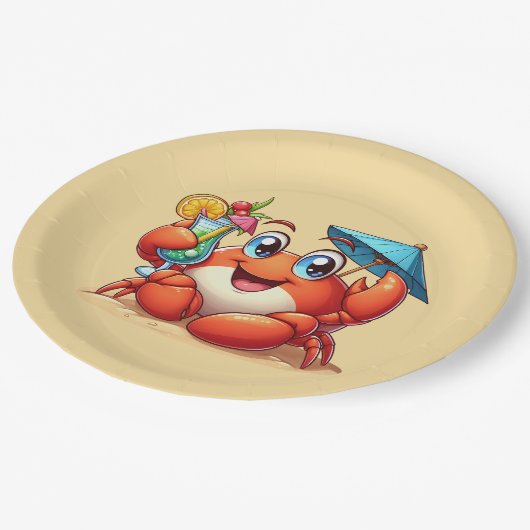 Schattige strand cocktail krab partij papieren bordje (Gekanteld)