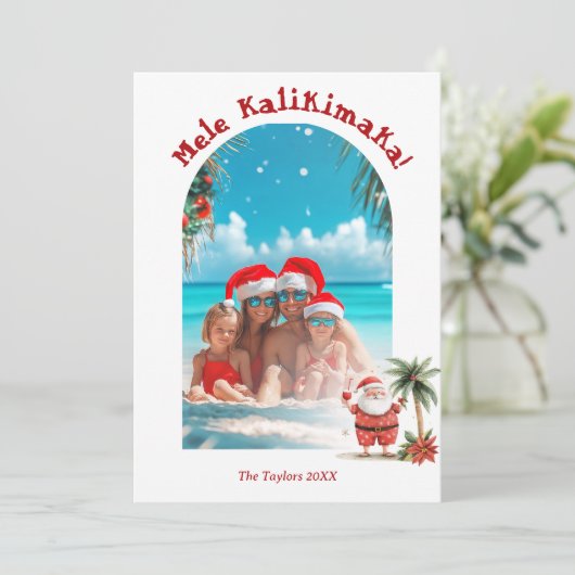 Schattige Strand Hawaii Mele Kalikimaka Kerstfoto Feestdagenkaart (Staand voorkant)