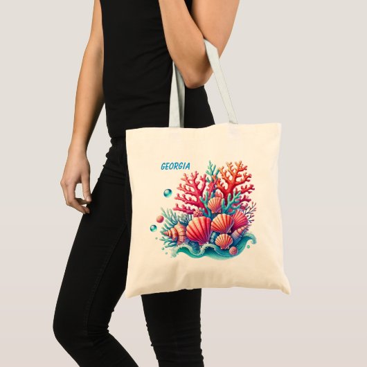 Schattige strand Ocean Coral Seashells Naam toevoe Tote Bag (Voorkant (product))