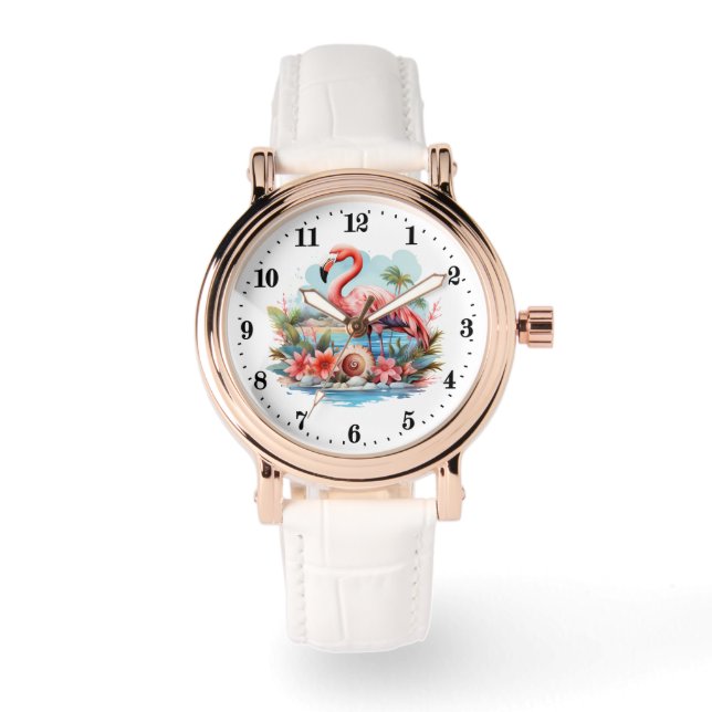 Schattige strand roze flamingo dames horloge (Voorkant)