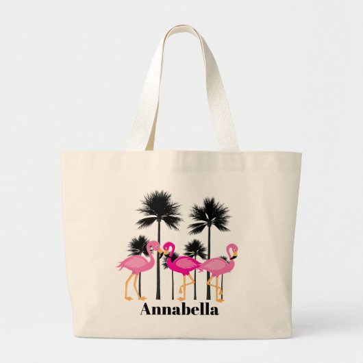 Schattige strand roze flamingo Naam toevoegen canv Grote Tote Bag (Voorkant)