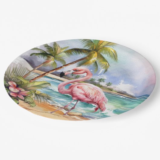 Schattige strand roze flamingo party papieren bordje (Gekanteld)