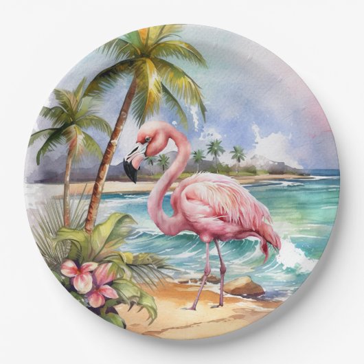 Schattige strand roze flamingo party papieren bordje (Voorkant)