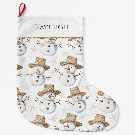 Schattige Strand Sneeuwman Kerst Gouden Glitter Grote Kerstsok (Voorkant)