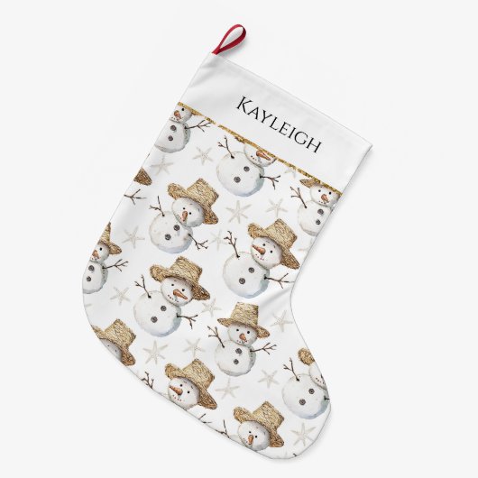 Schattige Strand Sneeuwman Kerst Gouden Glitter Grote Kerstsok (Voorkant (Hangend))