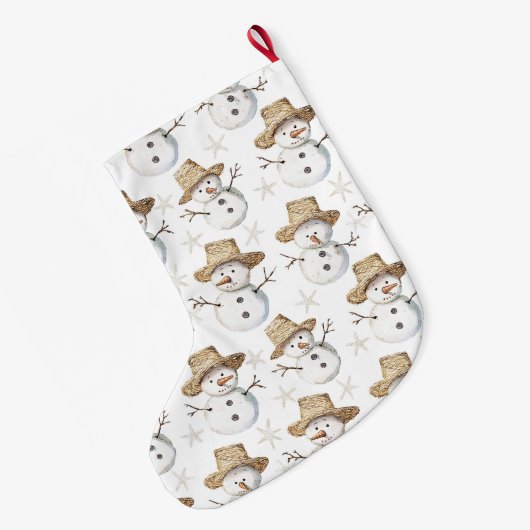 Schattige Strand Sneeuwman Kerst Gouden Glitter Grote Kerstsok (Achterkant (Hangend))