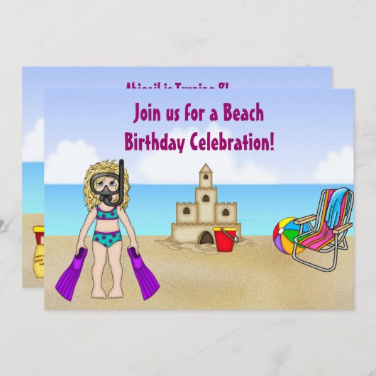 Schattige strand verjaardagsuitnodiging voor meisj kaart (Voorkant / Achterkant)