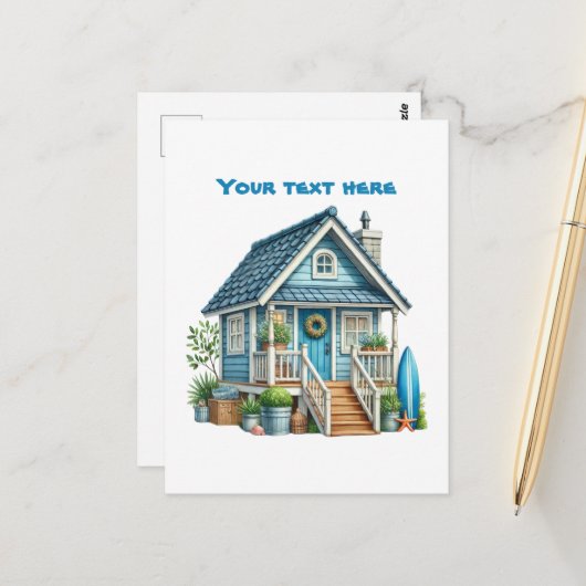Schattige strand Voeg tekst Beach House Briefkaart (Voorkant / Achterkant in situ)