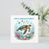 Schattige strand zee schildpad feest kaart (Staand voorkant)