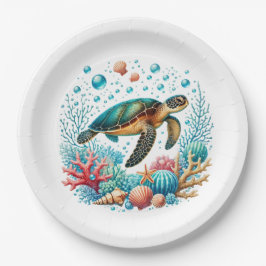 Schattige strand zee schildpad feest papieren bordje