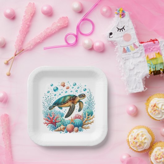 Schattige strand zee schildpad feest papieren bordje (Feest)