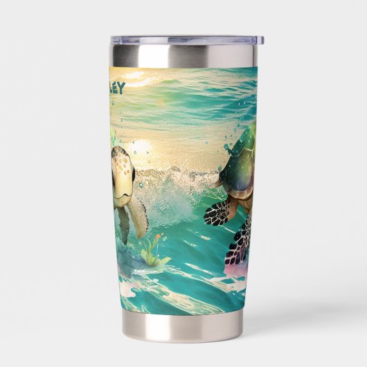 Schattige strand zee schildpad Voeg naam toe Geïsoleerde Drinkbeker (Links)