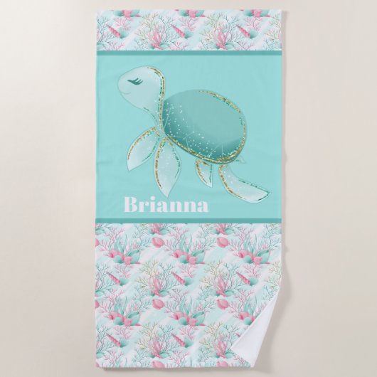 Schattige strand zee schildpad Voeg naam toe Strandlaken (Voorkant)